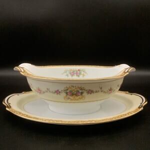 1933 Noritake Bone China Mirabelle #3843 Gravy Boat w/ Attached Under Plate